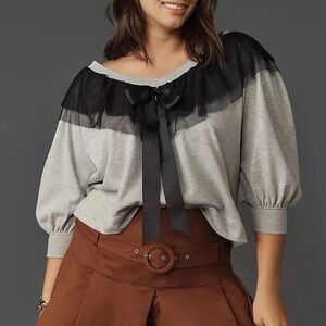 Anthropologie Maeve Black and Gray Blouse with Bow Detail